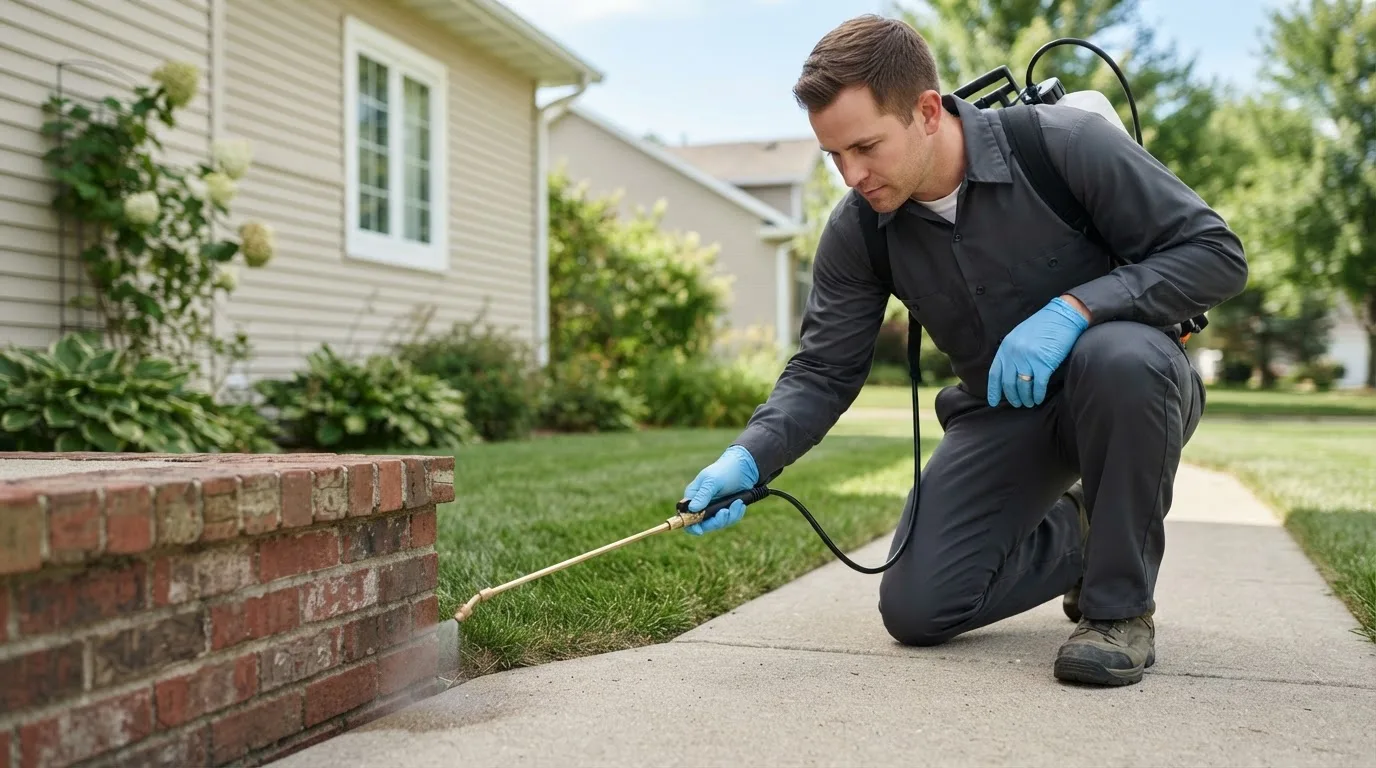 Pest control technician treating a home near Delphi, IN